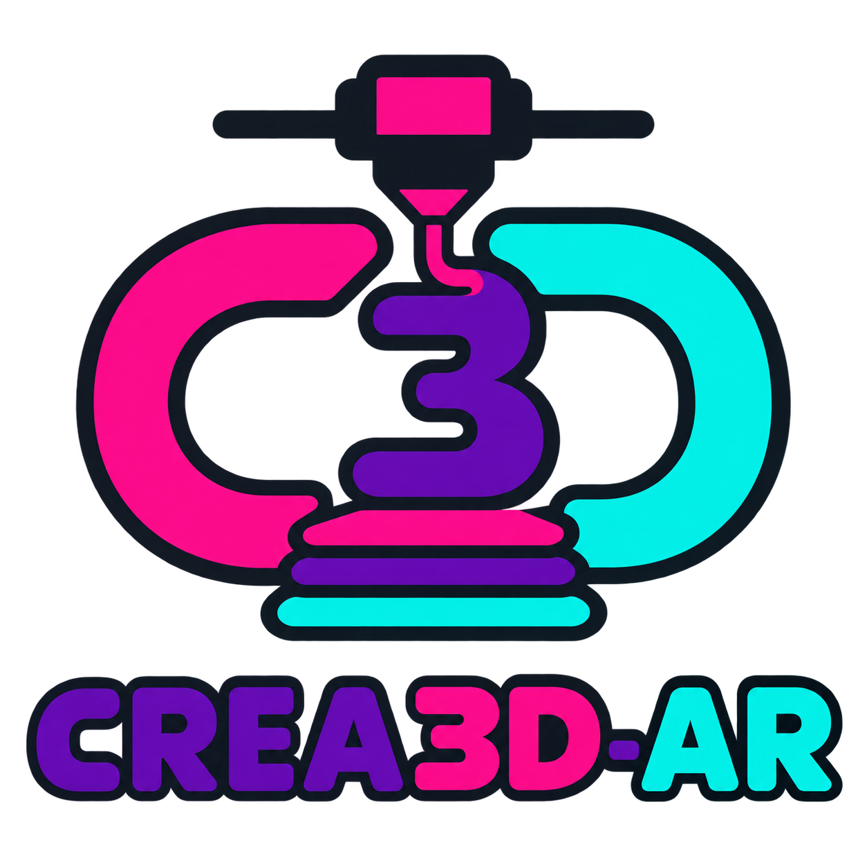 Logo de CREA3D-AR: impresora 3D en fucsia, violeta y turquesa